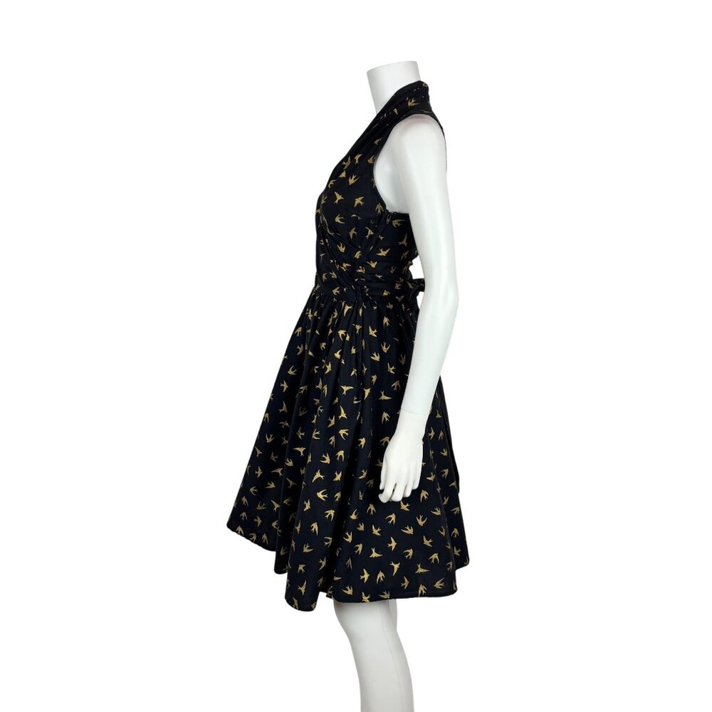 Dollz & Dames Halter Dress Small Gold Sparrow Bird Print Black Pin Up Sundress - Picture 13 of 15